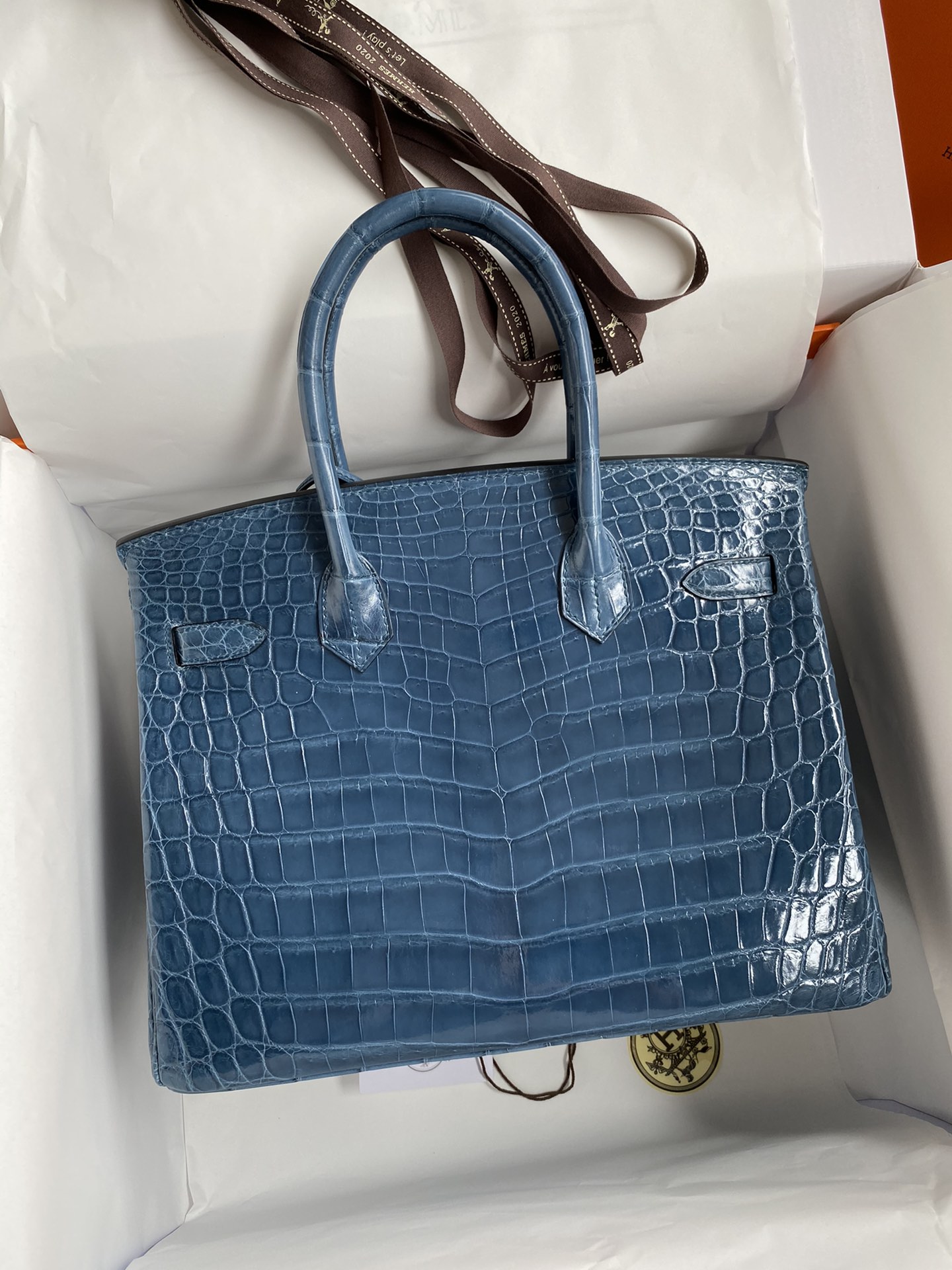 Hermes Birkin 30CM Handmade Bag In Blue Tempete Crocodile Niloticus Shiny Skin